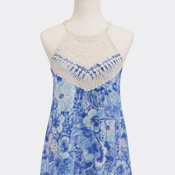 Lilly Pulitzer Blue Floral Crochet Halter Dress – Size 0 - Picture 1 of 5